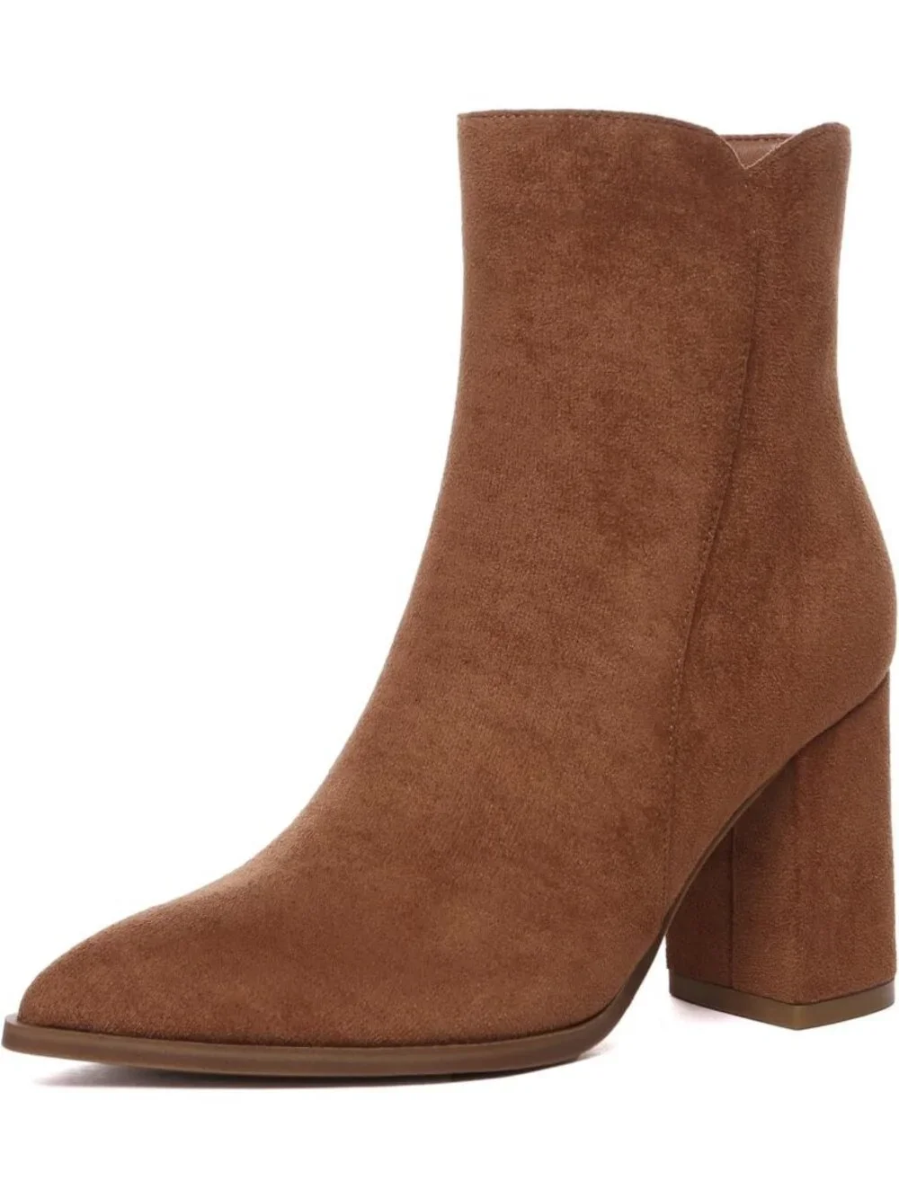 Women's Brown Fashion Pointed Toe Chunky Block Heel Side Zipper Short Ankle Boot